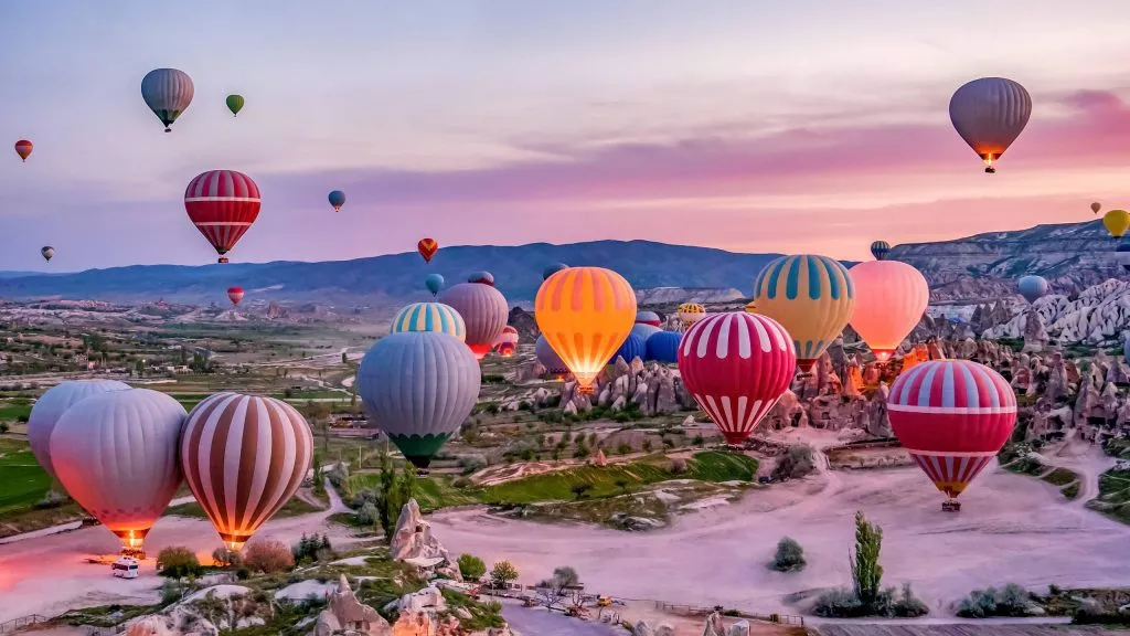 Colorful hot air balloons before launch in Goreme national park, Cappadocia, Turkey