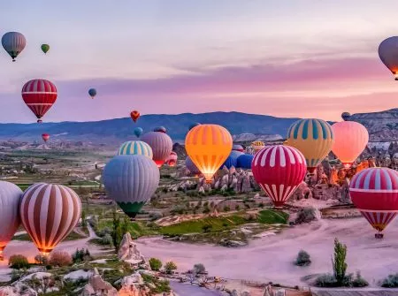 Colorful hot air balloons before launch in Goreme national park, Cappadocia, Turkey